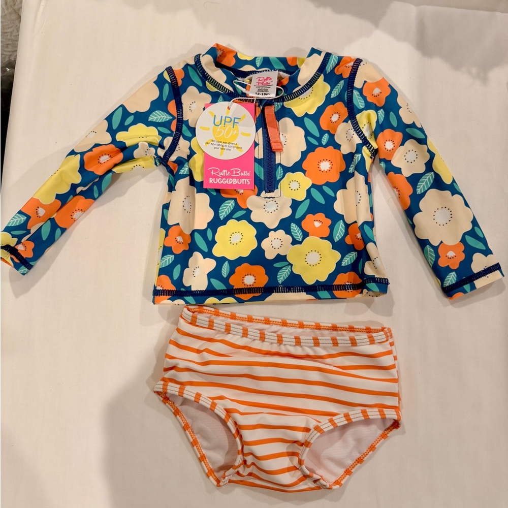 Ruffle Butts Navy Floral & Orange Stripe UPF 50+ Rash Guard Set